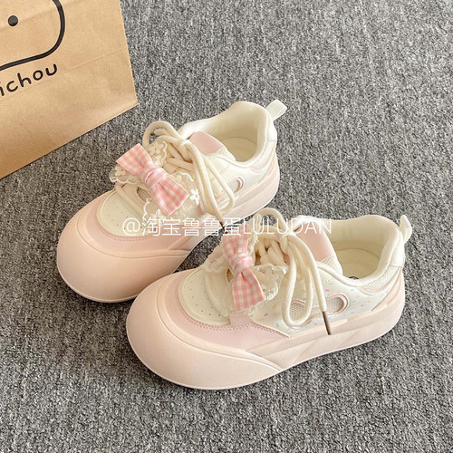鲁鲁蛋 蝴蝶结休闲板鞋女款2026新款夏季透气厚底小白鞋面包鞋子
