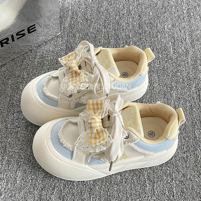 鲁鲁蛋 蝴蝶结大头板鞋女款2025年新款百搭厚底户外小白鞋面包鞋