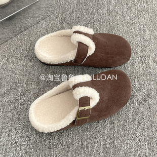 鲁鲁蛋 厚底穆勒半拖鞋女秋冬外穿一脚蹬女鞋保暖加绒毛毛勃肯鞋