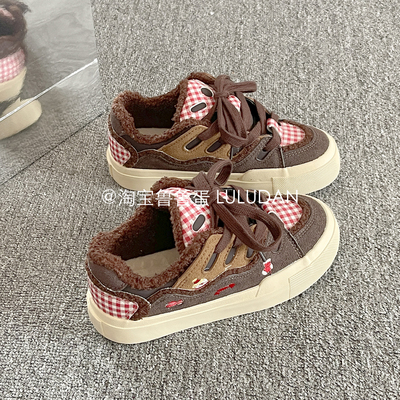 鲁鲁蛋 厚底小白鞋女款2025新款冬季加绒板鞋女鞋面包鞋二棉鞋子