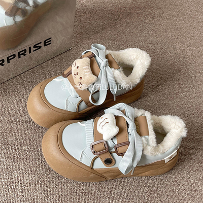 鲁鲁蛋 厚底板鞋女款2025冬季新款加绒二棉小白鞋百搭休闲面包鞋