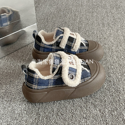 鲁鲁蛋 魔术贴厚底小白鞋女款2025新款加绒板鞋二棉女鞋面包鞋子