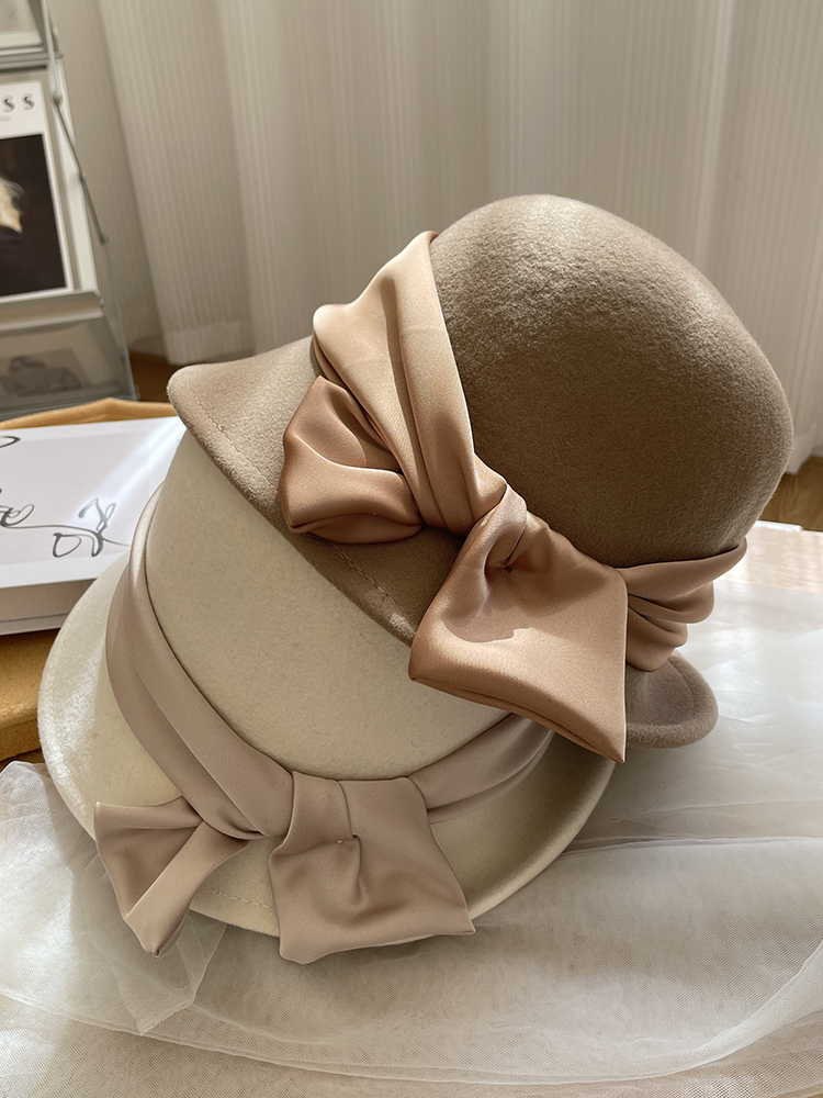 法式新款丝带蝴蝶结秋冬天礼盆帽羊毛时尚圆顶韩版名媛风渔夫卷边