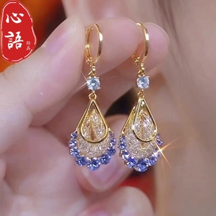 超仙紫色水晶水滴耳扣耳环女新款轻奢气质名媛耳饰大气高级感耳坠