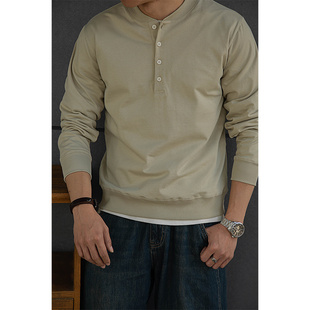 唔刃 美式复古重磅纯棉棒球领亨利衫T恤阿美咔叽硬汉风打底衫男秋