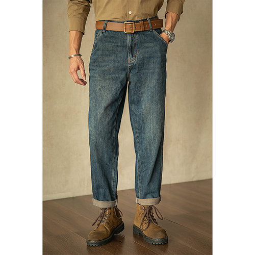 唔刃水洗丹宁咔叽锥形中腰牛仔裤