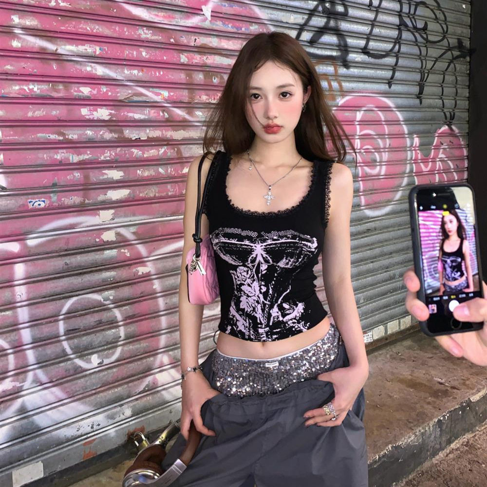 多巴胺甜辣妹蕾丝花边印花吊带背心女夏新款带胸垫设计感外穿