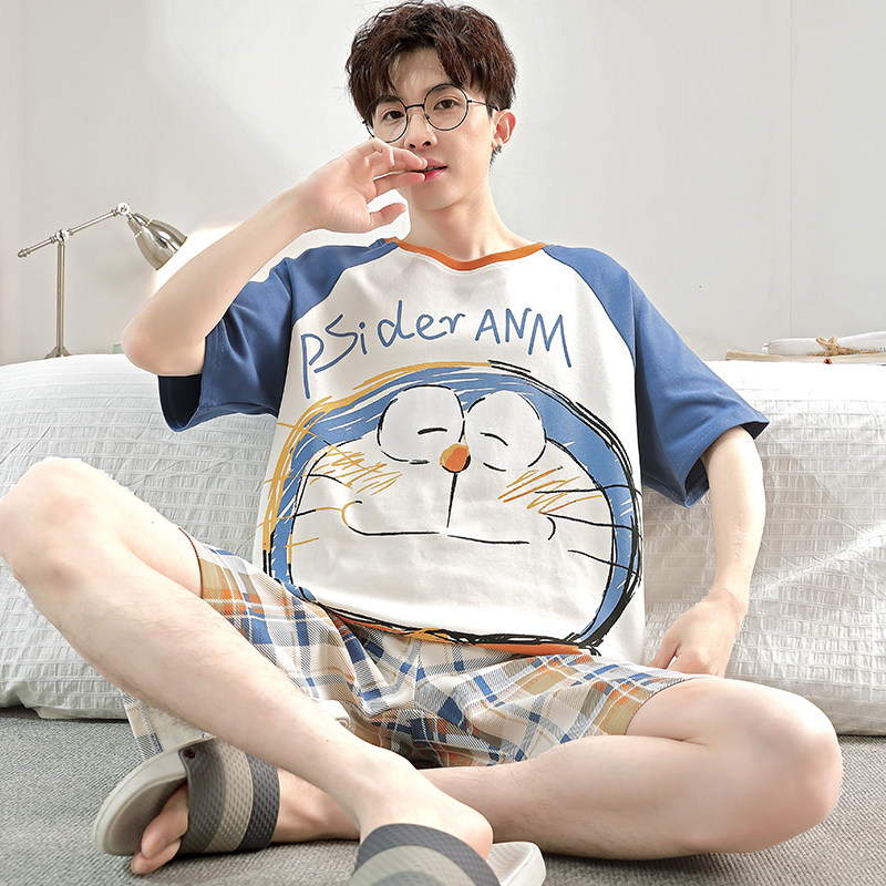 哆啦A梦睡衣男款夏季纯棉短袖薄款大码男士青少年童初中学生套装