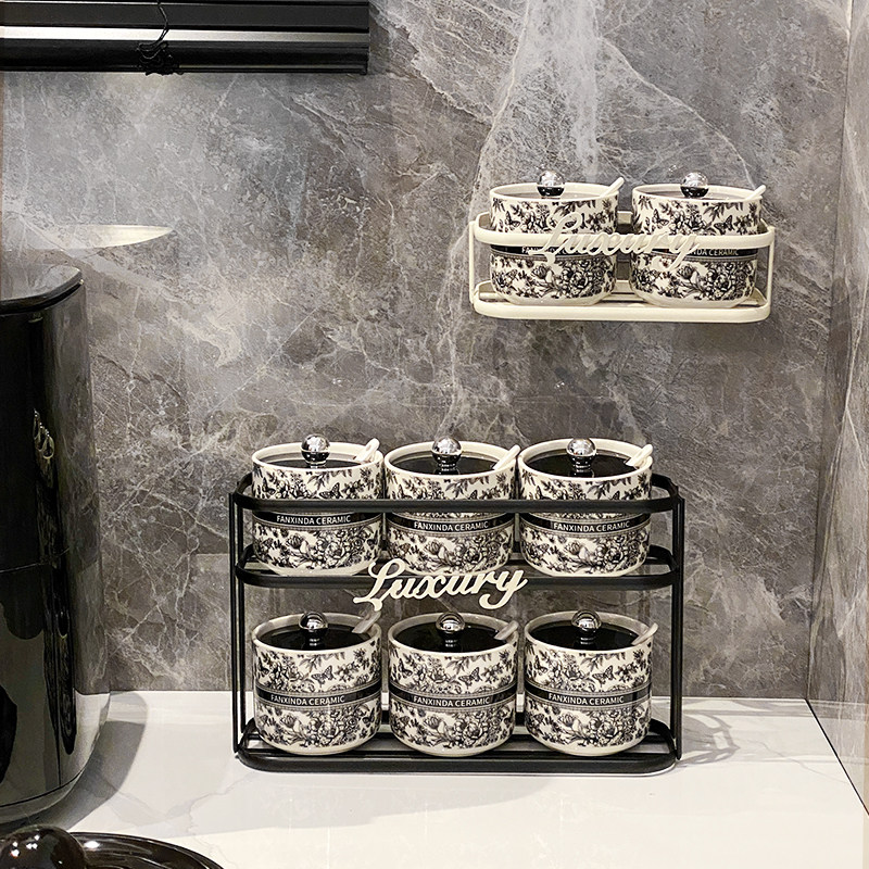 中古风轻奢盐罐调料盒家用陶瓷调味罐子套装厨房调料品挂墙收纳盒