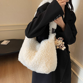 毛绒托特包女大容量高级感通勤百搭单肩斜挎包2025新款 毛茸茸包包