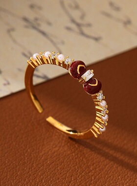 酒红色滴油蝴蝶结开口指环气质戒