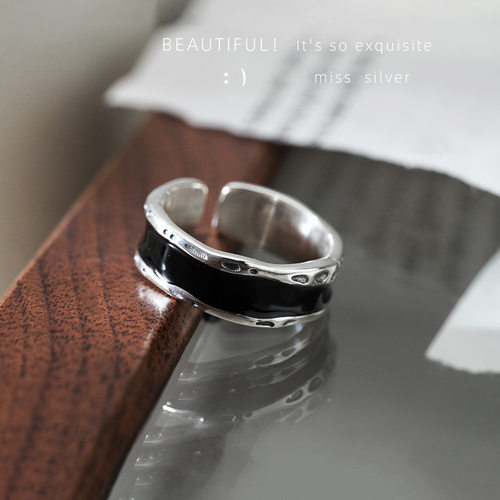 925纯银黑色滴釉食指戒指女小众