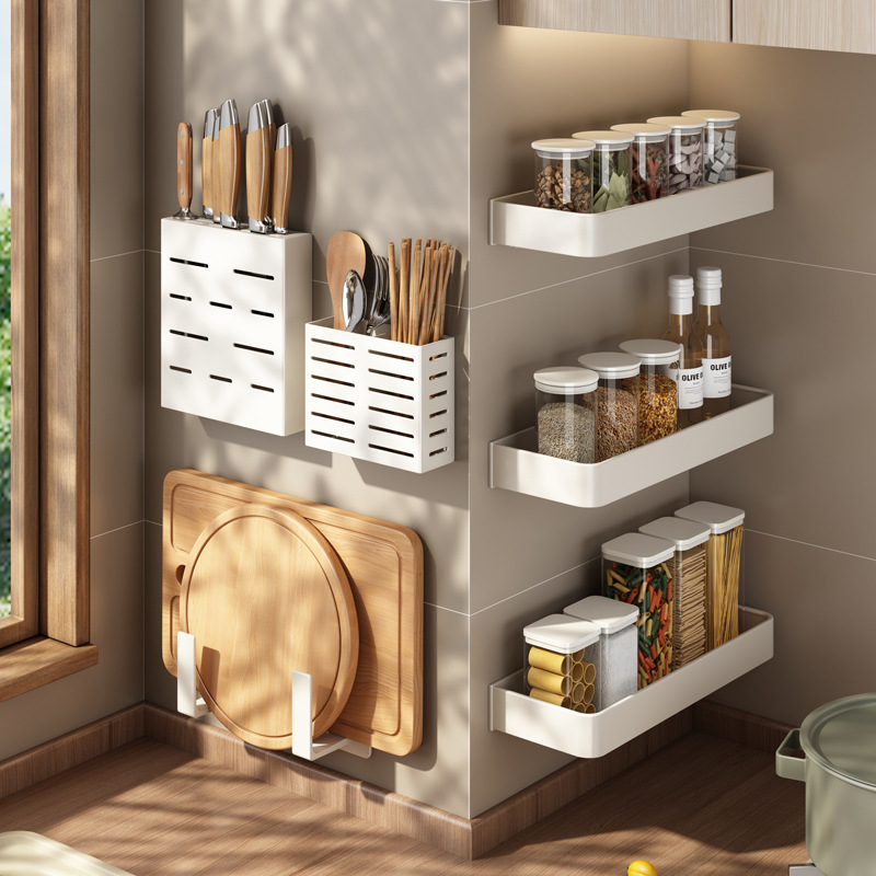 白色太空铝厨房置物架免打孔壁挂调料架厨房用品百货大全收纳架子