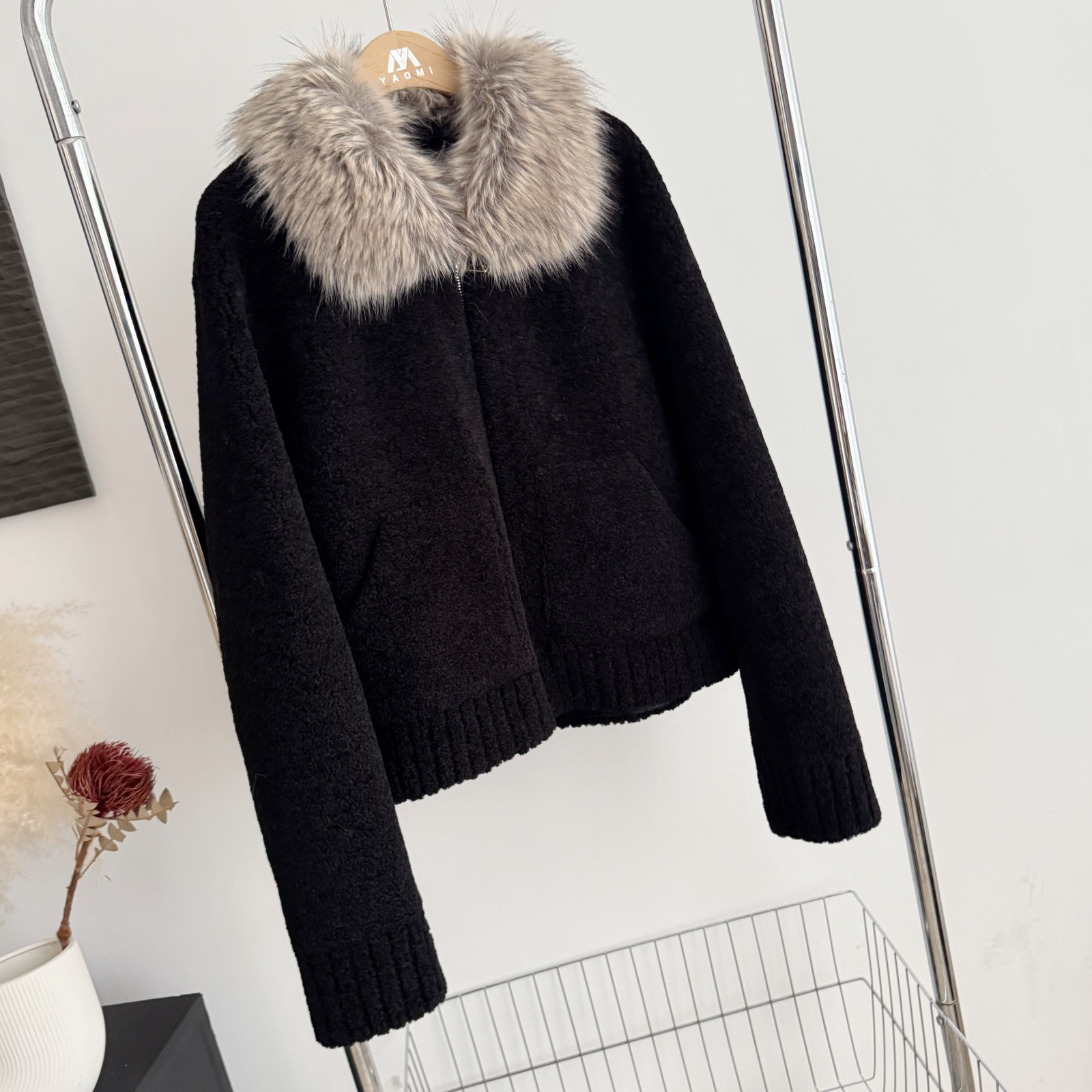 定染毛领小颗粒羊羔毛外套冬黑色毛毛冬装2025新品