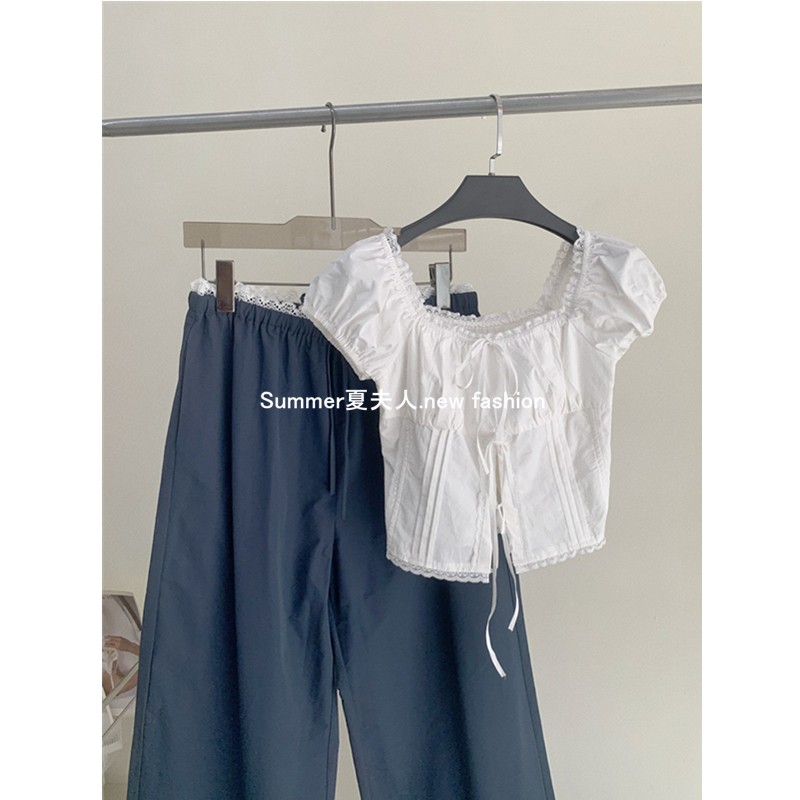 煎妮夏日 白色方领短袖衬衫夏季显瘦露锁骨短款上衣女