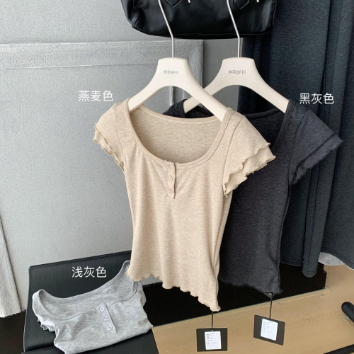 大U领短袖T恤女夏季飞飞袖上衣