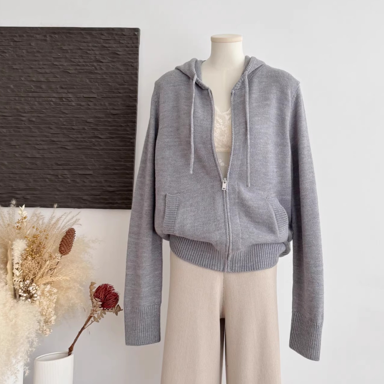 羊毛拉链休闲连帽衫2025韩系毛衣