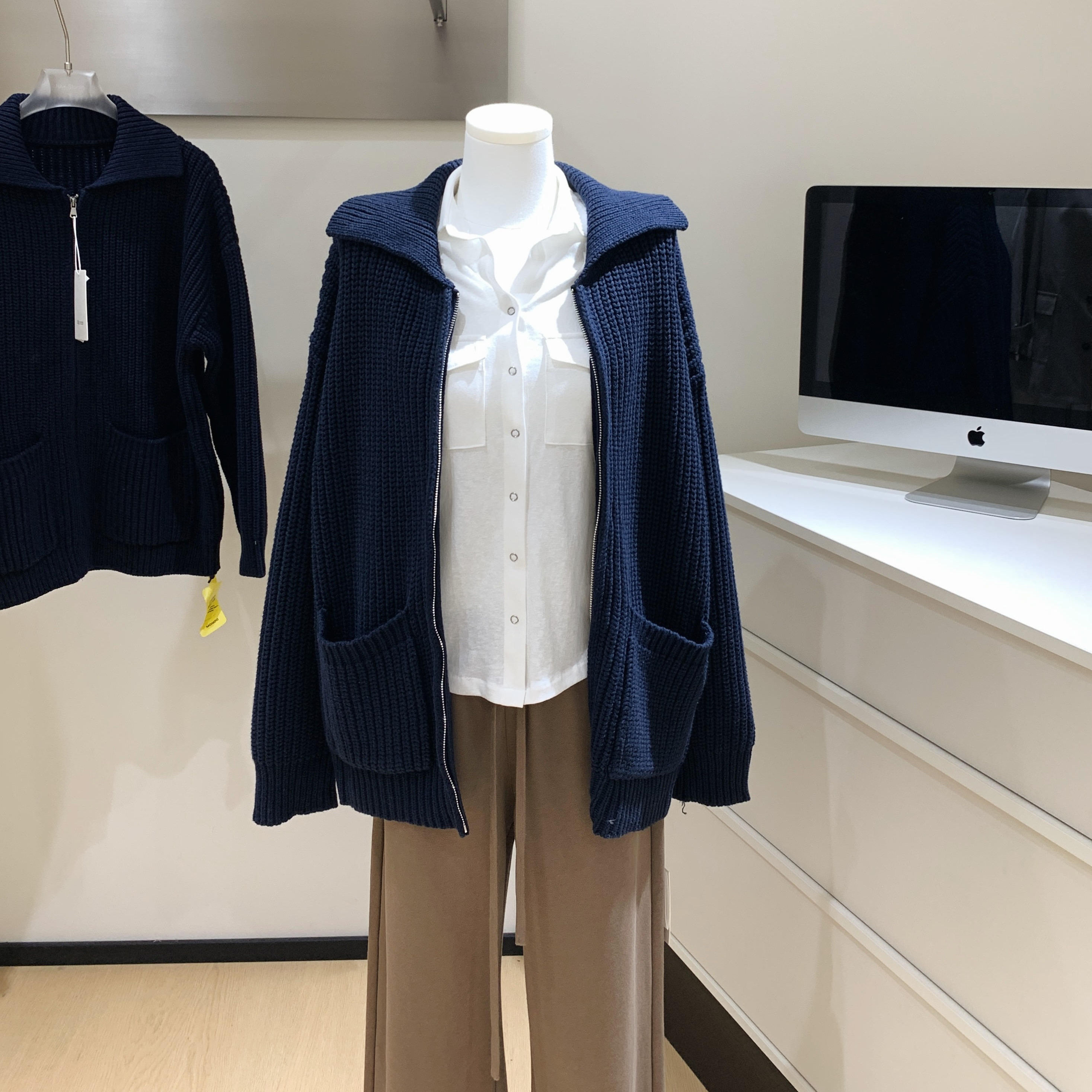 蘑糯糯藏青色/黑色/米白拉链毛衣开衫秋冬韩系百搭宽松加厚外套女