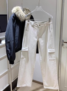 蘑糯糯Jim Kennet复古水洗香蕉锥形工装牛仔裤时髦美式风白色裤子