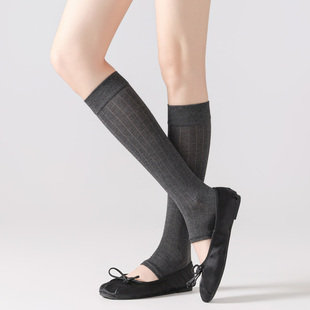 深灰色竖条纹踩脚小腿袜子女士春夏薄款 腿套简约百搭显瘦堆堆袜套