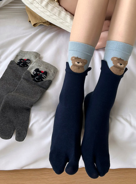 灰色猫咪二趾袜子女纯棉中筒袜春秋分趾袜可爱卡通动物日系二指袜