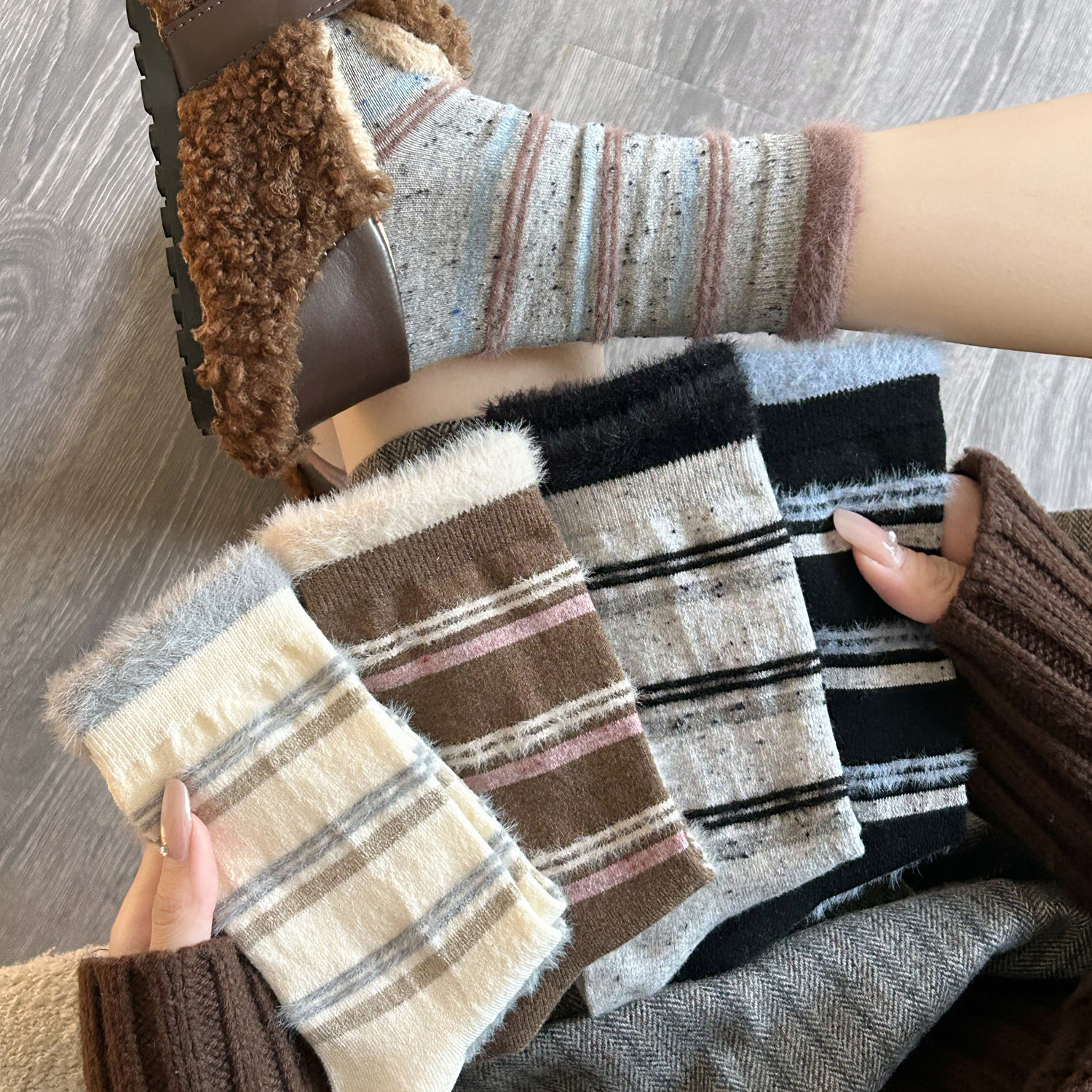 条纹羊毛袜子女秋冬加厚保暖中筒袜复古外穿拼色水貂绒裤堆堆长袜,女士内衣/男士内衣/家居服,中筒袜,淘宝优惠券,粉丝福利购,淘宝优惠卷