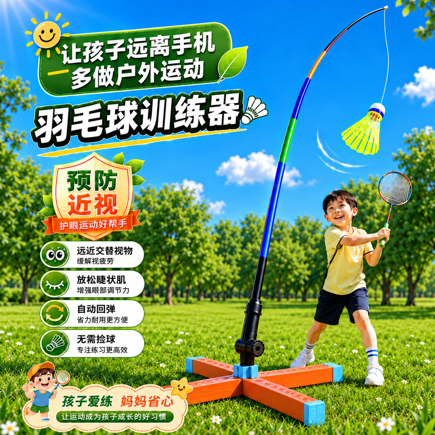 儿童羽毛球单人训练器防近视回弹自打户外一个人打视力训练习神器