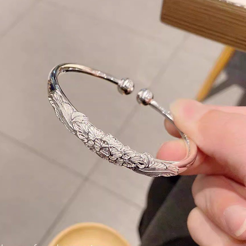 富贵牡丹开口实心推拉纯银999手镯女妈妈长辈礼物足印手环送老婆