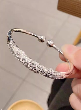 富贵牡丹开口实心推拉纯银999手镯女妈妈长辈礼物足印手环送老婆
