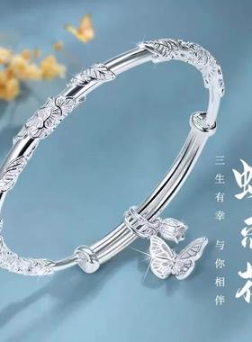 正品繁花似锦银手镯女纯银999足银实心镯子小众送女朋友生日礼