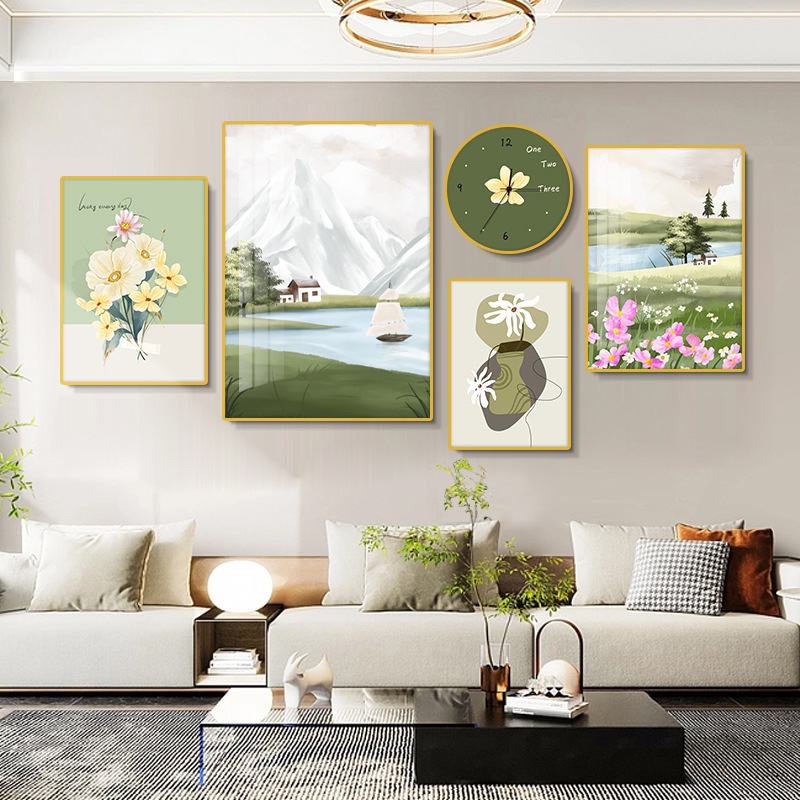 奶油风客厅装饰画现代简约多幅组合沙发背景墙挂画风景花卉壁画图片