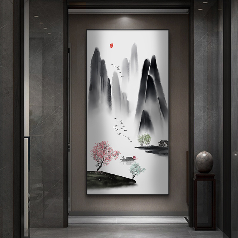 玄关山水装饰画新中式走廊过道竖版挂画中国风禅意水墨风景墙壁画图片