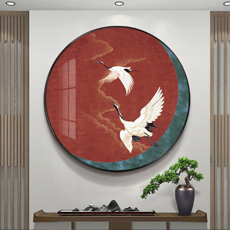古风仙鹤圆形禅意装饰画民宿酒店办公室中国风走廊过道挂画玄关画图片