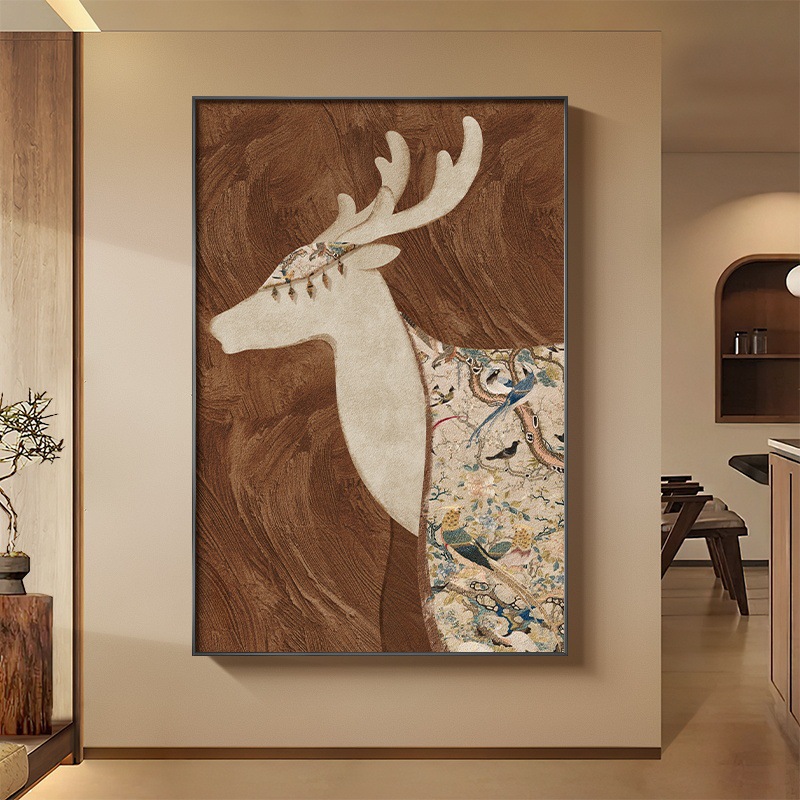 麋鹿中古风装饰画法式复古客厅沙发背景墙挂画高级感落地玄关壁画图片