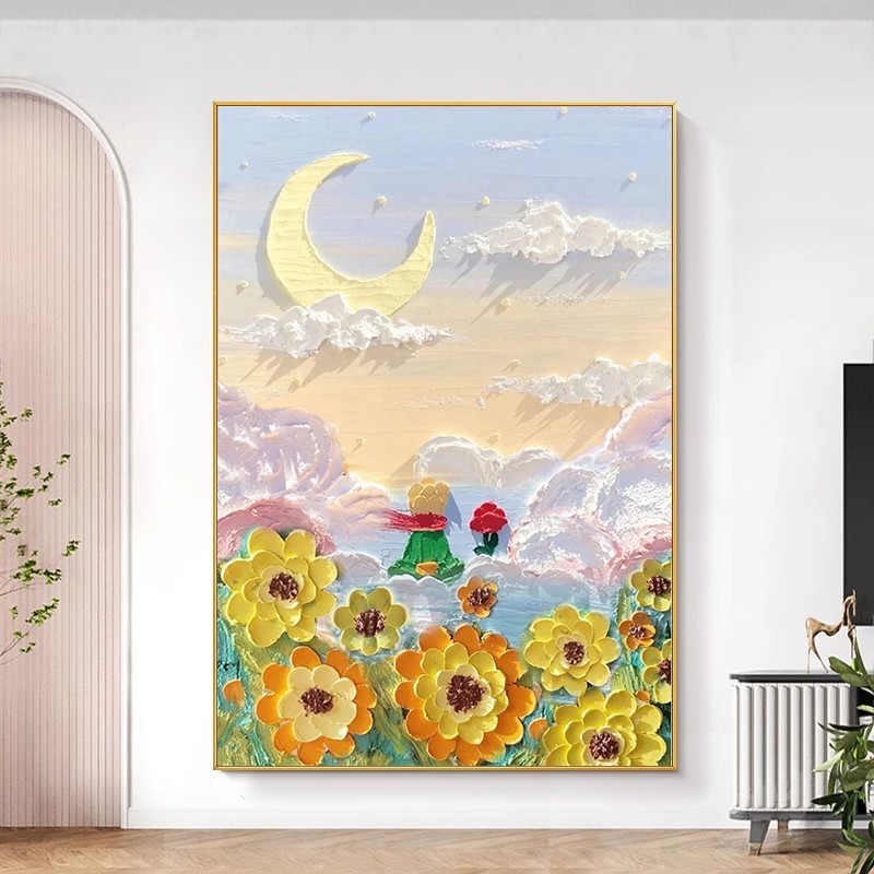 大芬村手绘油画《小王子》卧室客厅装饰画玄关挂画立体轻奢壁画图片