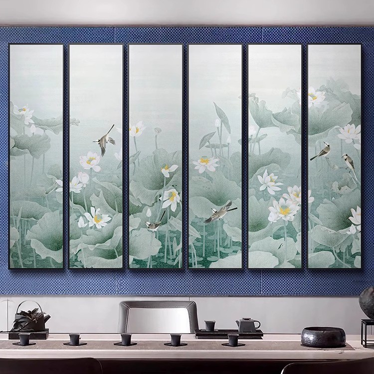 新中式茶室禅意装饰画《荷气满堂》别墅走廊风景多联幅组合挂画图片