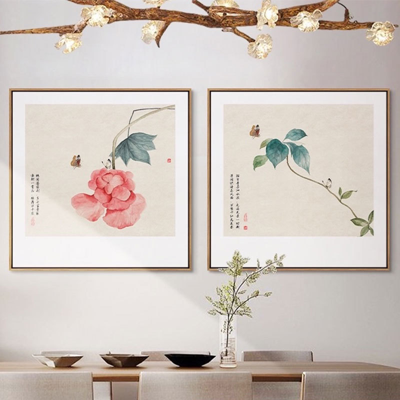 新中式餐厅客厅装饰画玄关走廊壁画书房茶室方形花鸟挂画厂家图片