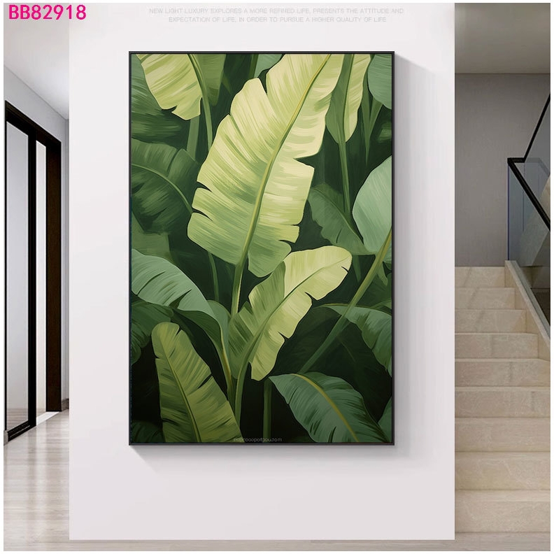 纯手绘入户玄关装饰画绿色植物挂画玄关走廊沙发后落地大幅壁画图片