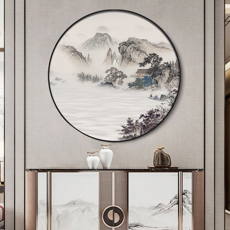 新中式装饰画望云楼圆形入户玄关客厅山水画禅意茶室挂画水墨画图片