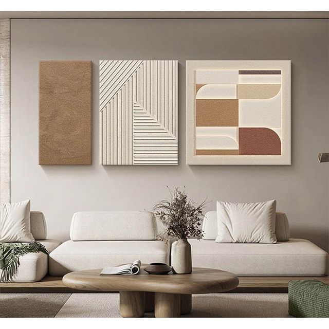 侘寂风客厅装饰画极简沙发背景墙抽象几何立体感砂岩画三联画壁画图片