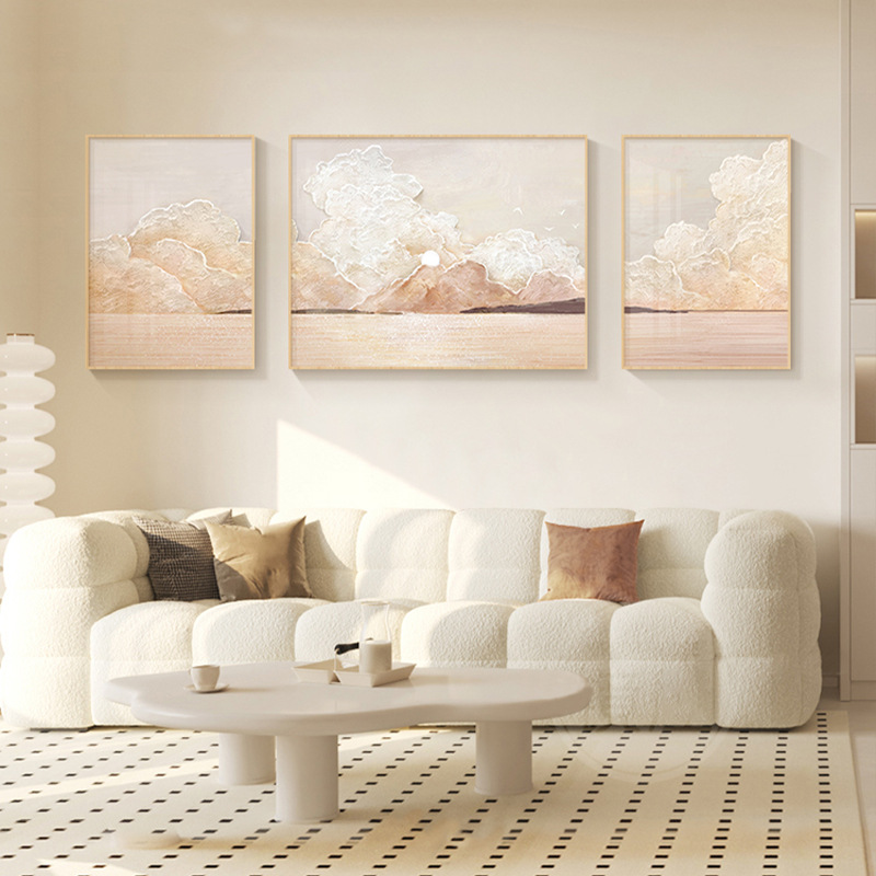 北欧客厅装饰画高级感沙发背景墙挂画治愈系海景三联画奶油风壁画图片