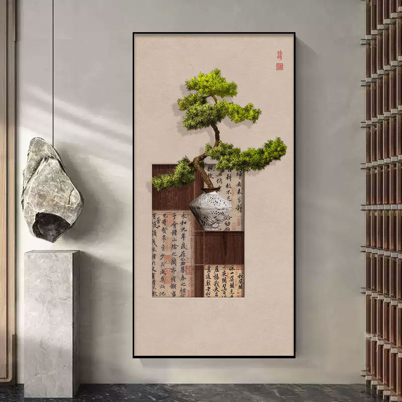 门厅迎客松挂画入户玄关装饰画新中式楼梯走廊茶室背景墙正对门壁