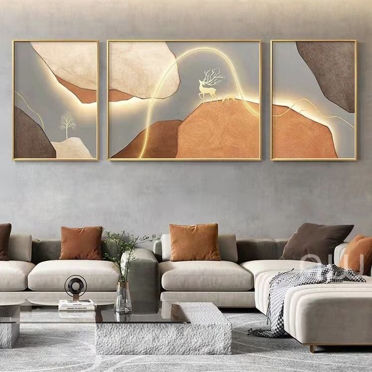 客厅装饰画现代简约三联画沙发背景墙抽象轻奢晶瓷壁画有框挂画图片
