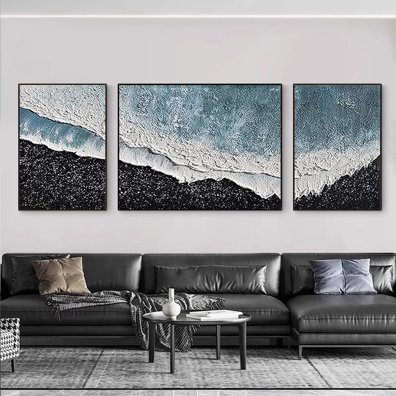 手绘油画星海横幅三联沙发背景墙装饰画黑白抽象立体肌理挂画壁画图片
