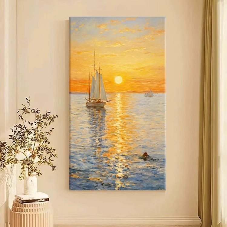 奶油风手绘油画海上日出客厅餐厅书房装饰画肌理抽象风景玄关挂画图片