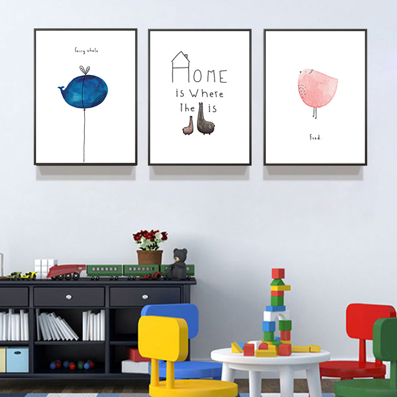 北欧卡通小动物现代装饰画幼儿园教室走廊壁画墙画儿童房有框挂画图片