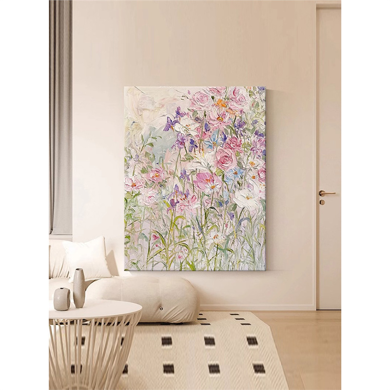 北欧奶油风彩色花卉玄关肌理感挂画大幅法式客厅装饰画卧室艺术画图片