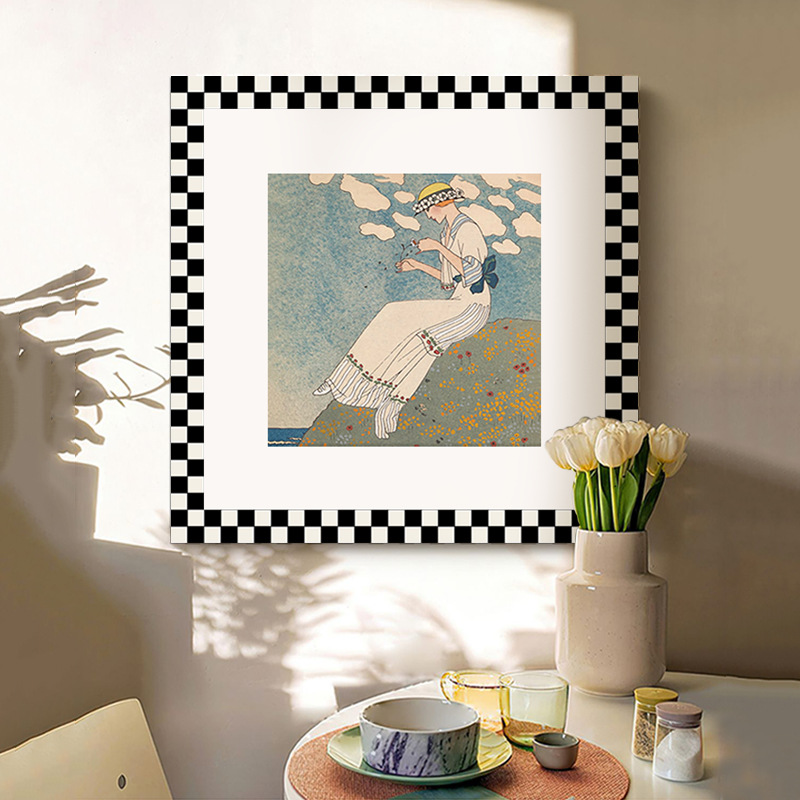 摩登女郎 现代法式复古巴黎时尚挂画小众艺术棋盘格卧室装饰画图片