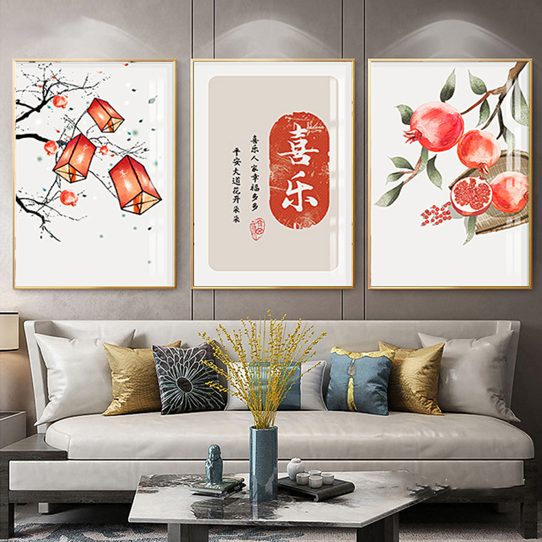 新中式客厅装饰画餐厅背景墙画壁画中国民俗风餐馆厨房三联画挂画图片