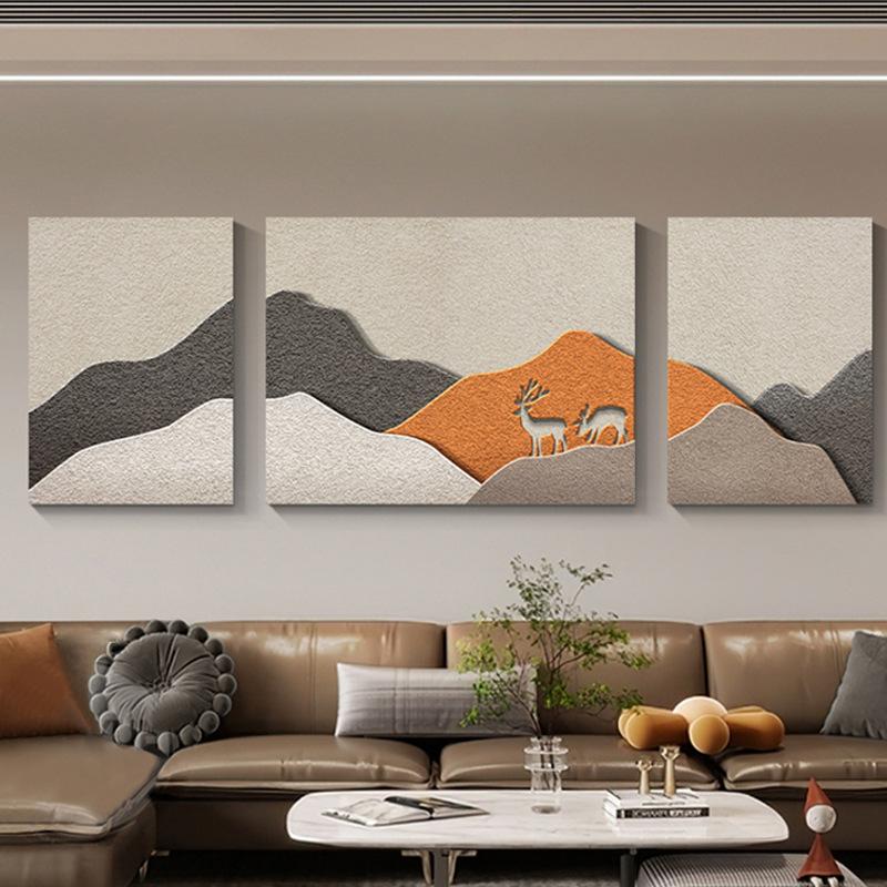 现代简约客厅装饰画抽象麋鹿砂岩沙发背景墙壁画大气三联组合挂画图片